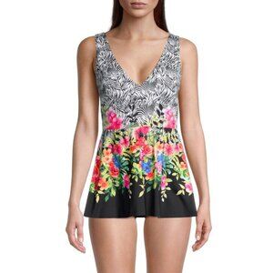 $268 NWT Johnny Was Swimsuit Dress Rose Floral Skirted One Piece Size Medium